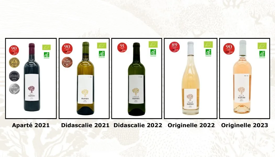 Les cuvées du domaine et leurs médailles : Aparté 2021, Didascalie 2021 et 2022, Originelle 2022 et 2023